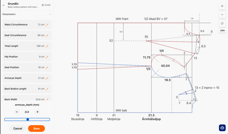 Pattern View interface showing basic blocks with adjustable parameters